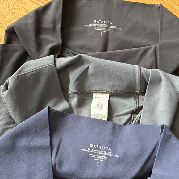 3 pairs Athleta Salutation Stash 7/8 Leggings - Black, Gray, and Blue - Picture 3 of 3